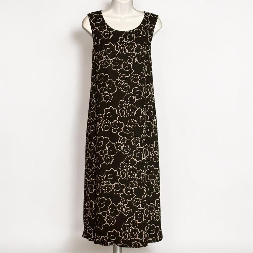 Vintage Talbots 90s Minimalist Black Floral Midi Dress Sleeveless Lined Size 6